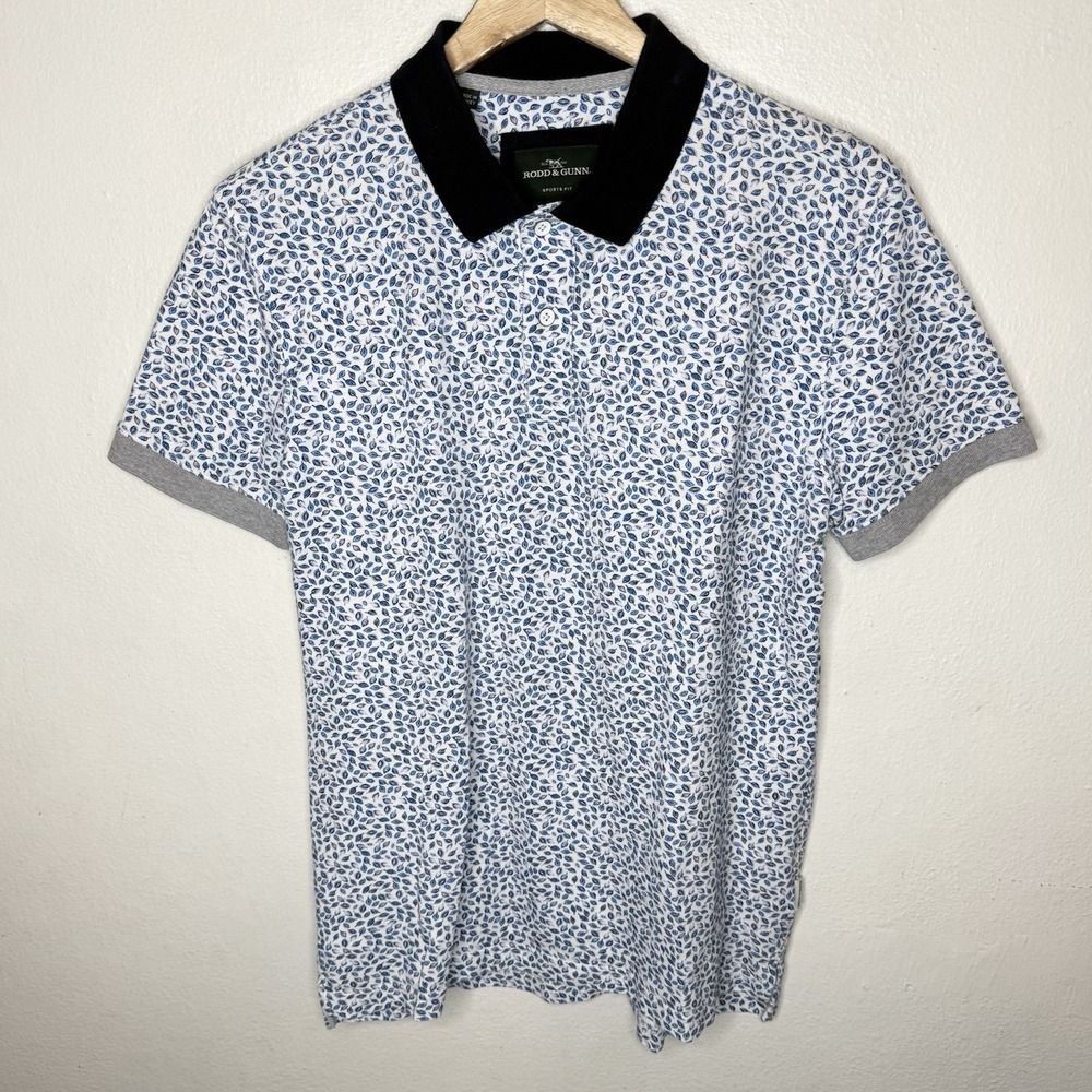 Rodd And Gunn‎ Blue White Leaf Print Collared Polo Shirt Sports Fit Mens Medium